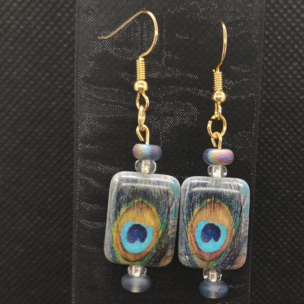 NEW - 18K Gold Plated Hardware with Peacock Stone - Handmade Earrings